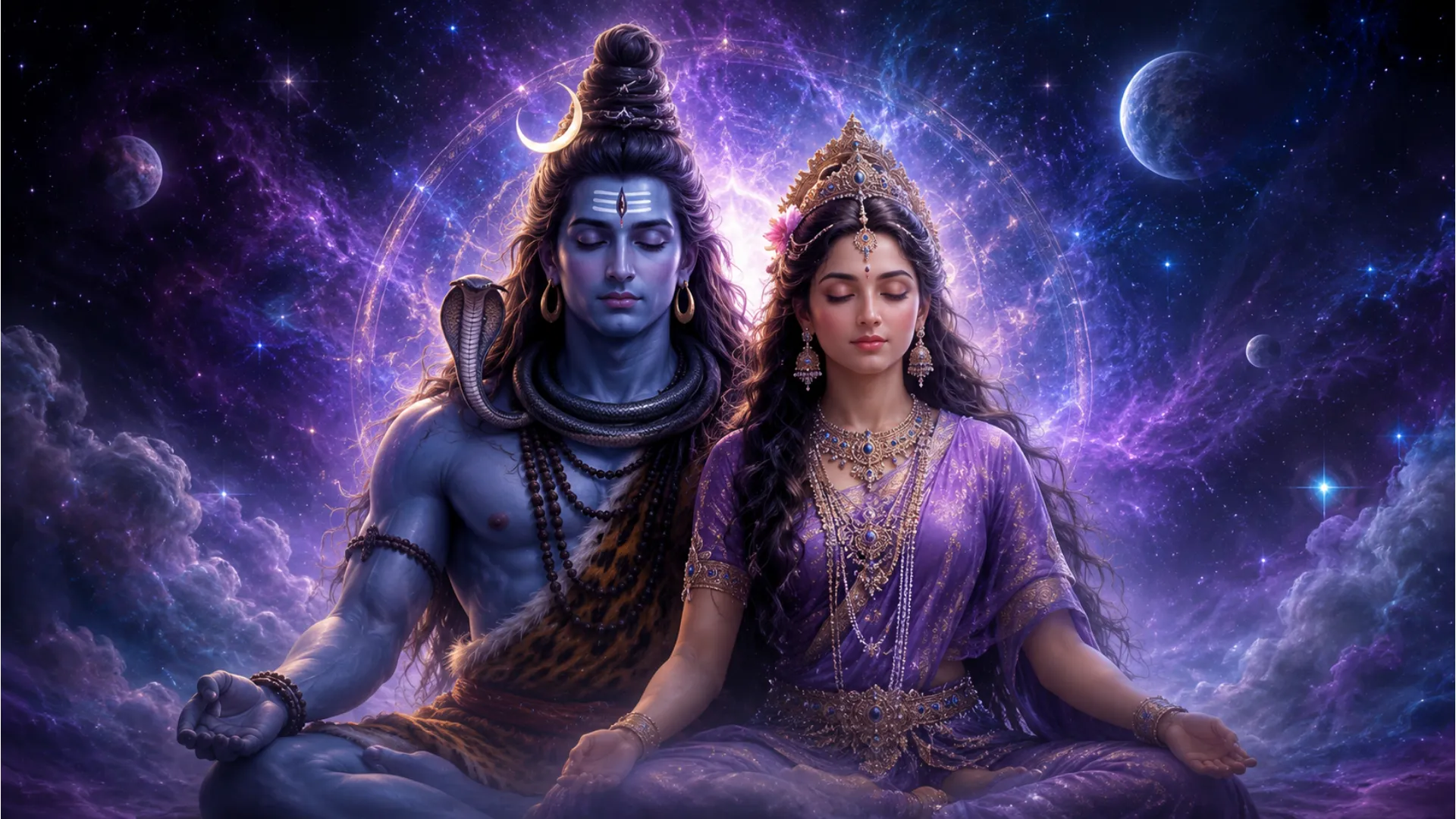 Spiritual art of Shiva and Parvati meditating together surrounded by cosmic stars and nebulae.