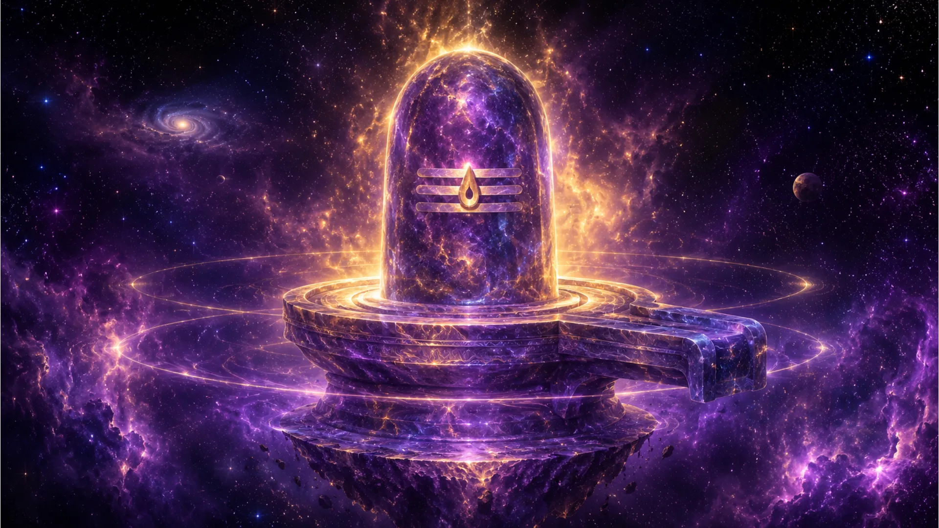 Spiritual cosmic shivling images full hd floating in space surrounded by nebulae, stars, and galaxies.