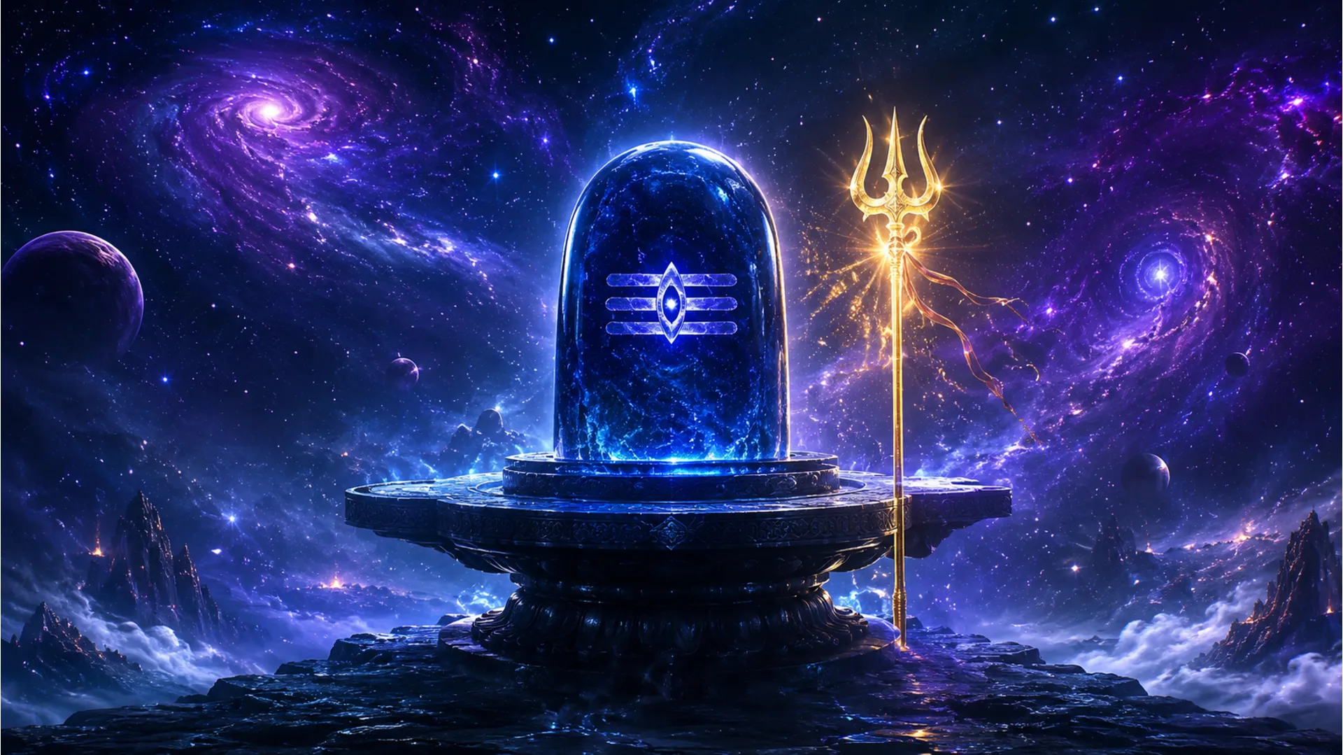 Divine cosmic Shivling glowing with dark blue and purple nebula background in 4K resolution.