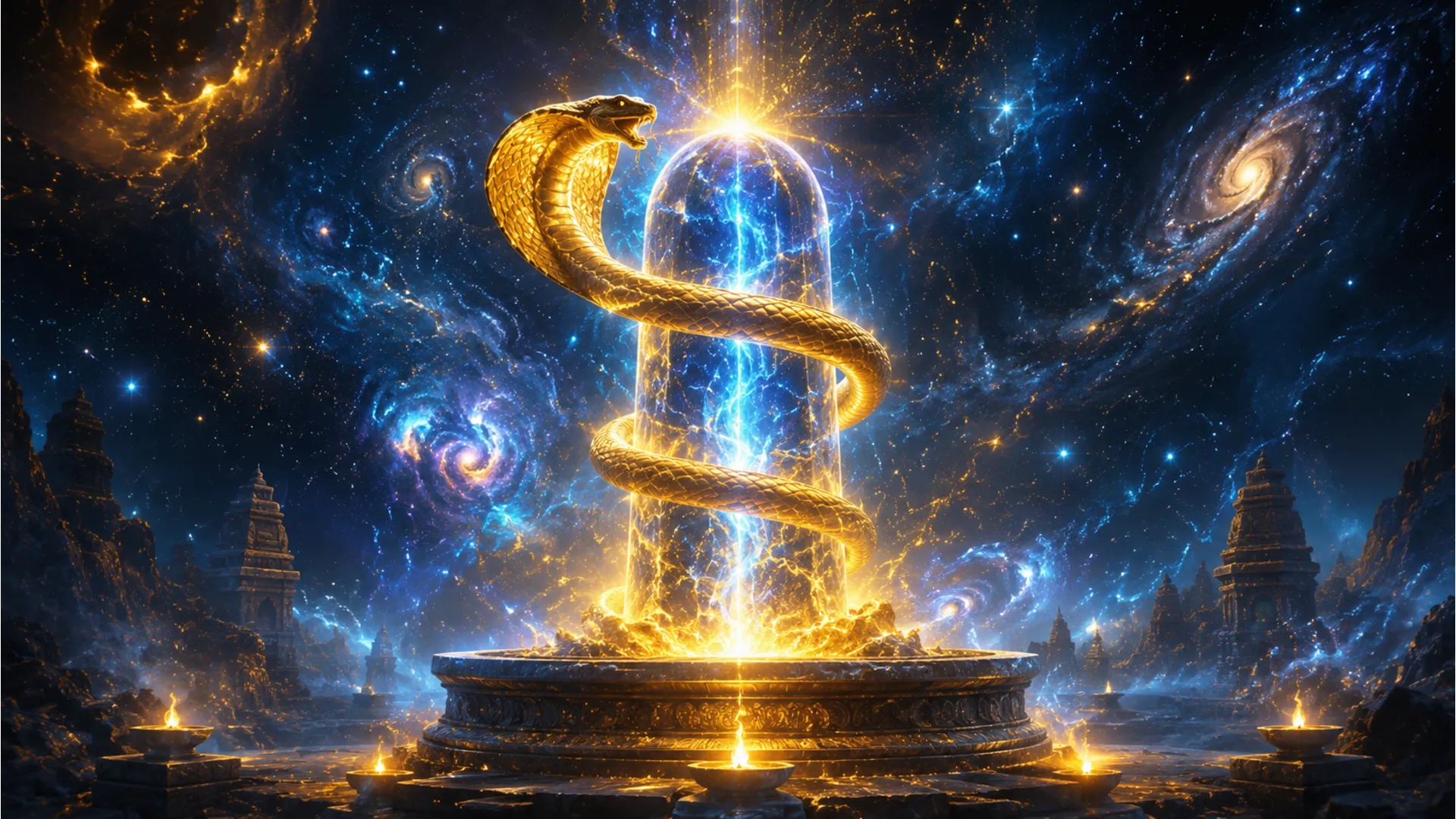 Full HD abstract digital art of a glowing cosmic Shivling representing the eternal pillar of light on Shivratri.
