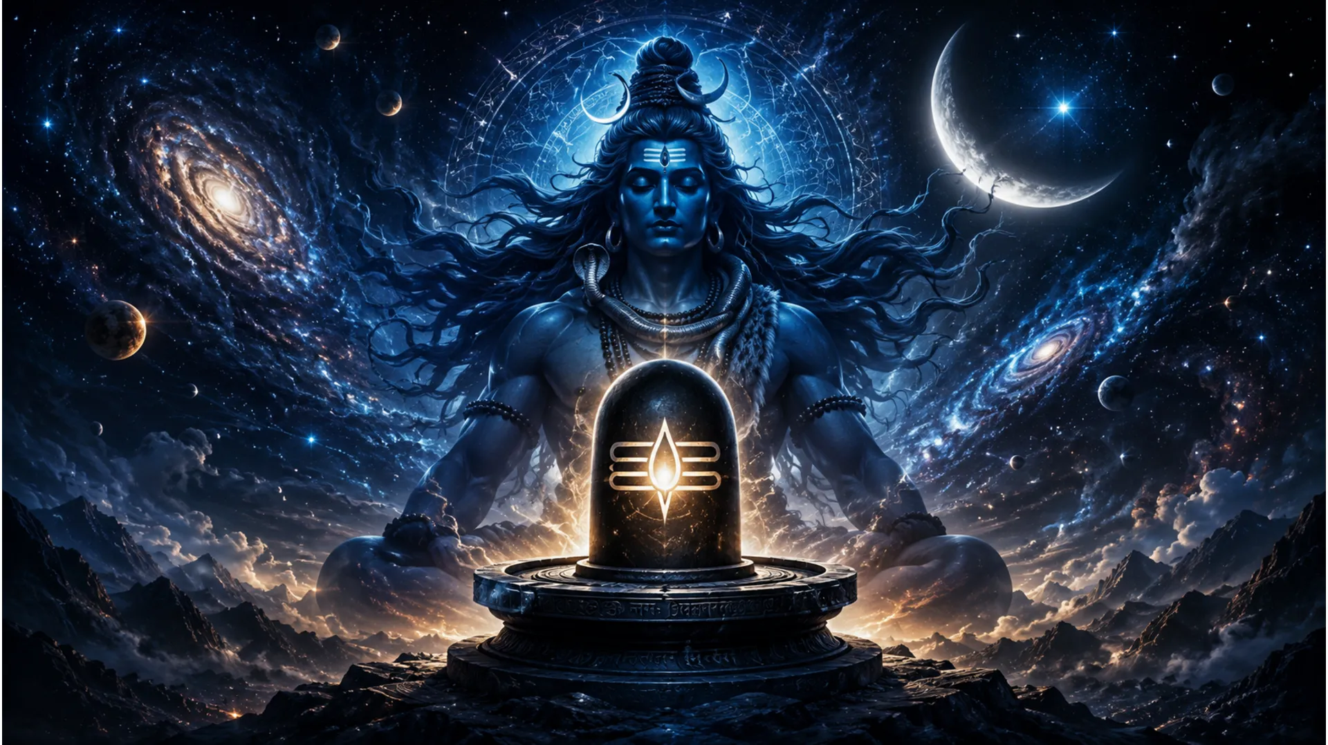 Full sleeve tattoo image depicting a cosmic meditating Lord Shiva with a majestic Shivling in the foreground under stars.