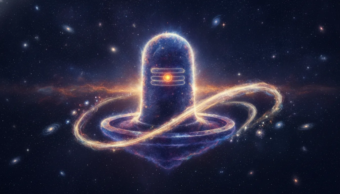 Spiritual cosmic artwork of a glowing Shivling floating amidst vibrant galaxy stars and blue purple nebulae.