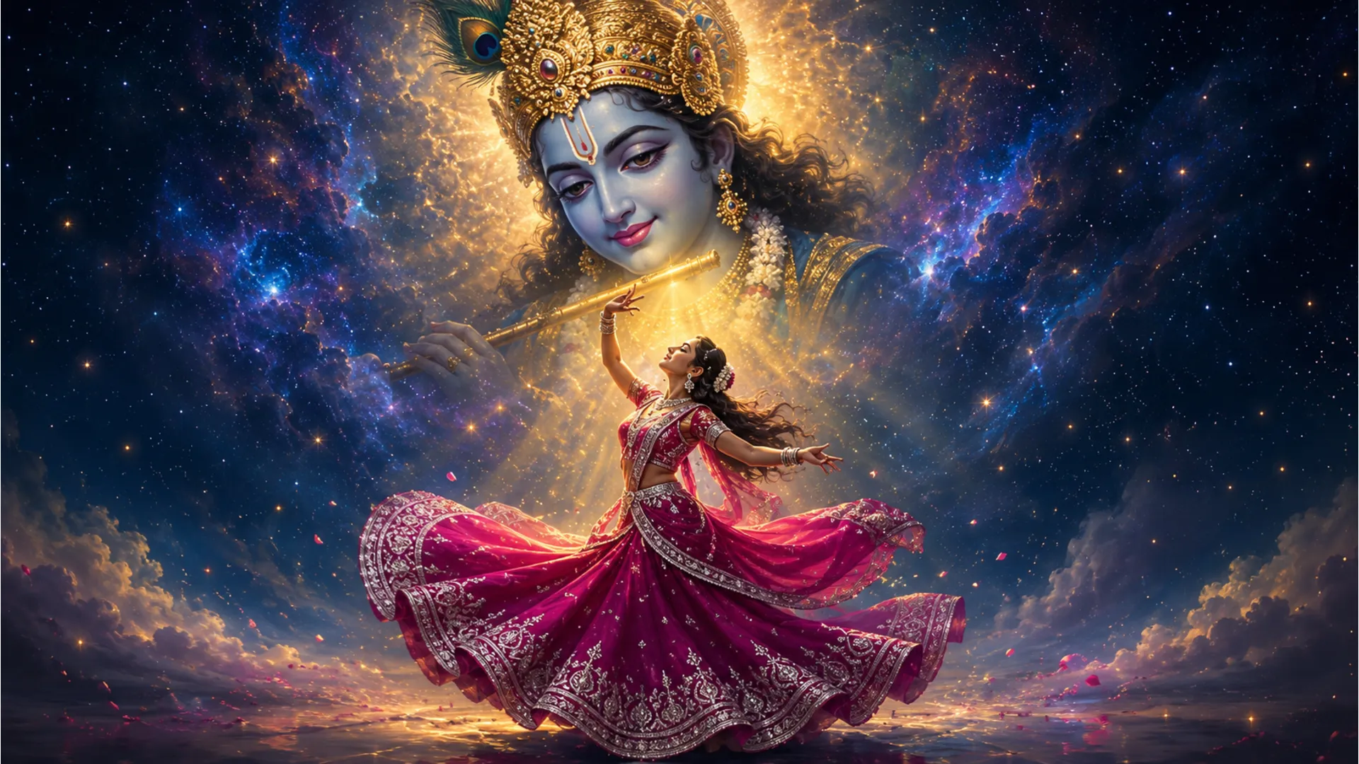 Spiritual fantasy illustration of a traditional dancer swirling under a starry night sky with a large portrait of Lord Krishna.