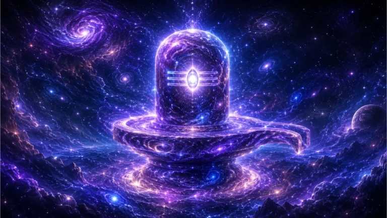 Abstract cosmic Shivling image photo surrounded by stars, nebulas, and galaxies in space