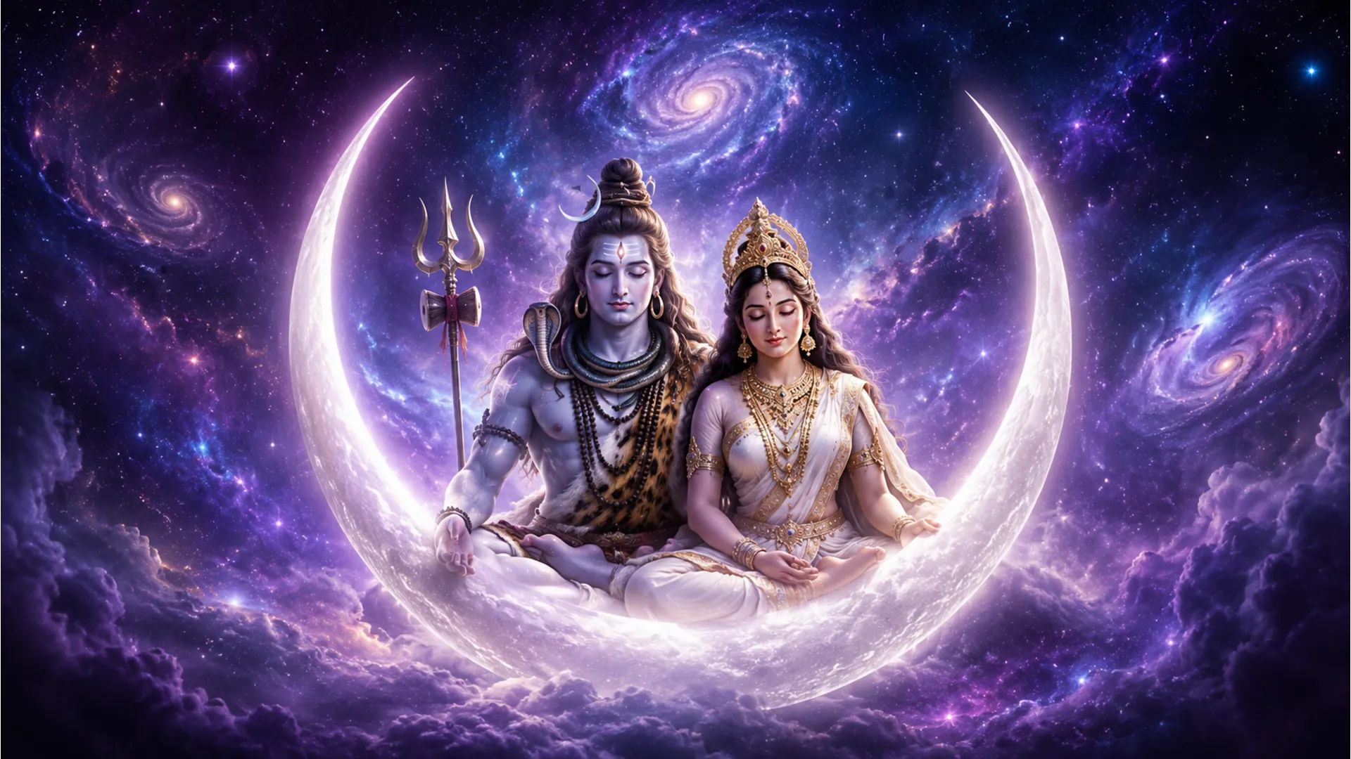 lord shiva and goddess parvati cosmic meditation on crescent moon hd