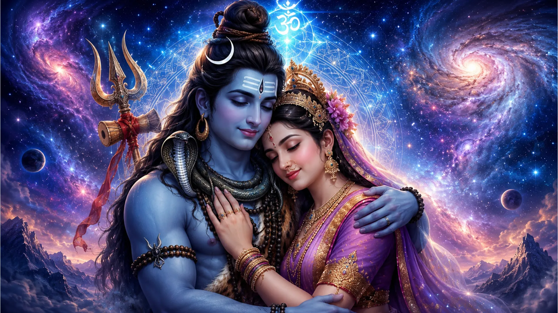 Watercolor painting of Lord Shiva and Goddess Parvati embracing amidst stars, galaxies, and dark blue cosmic background.