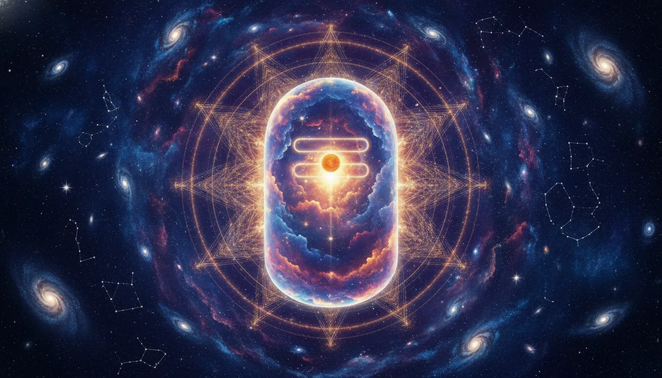 Celestial Shivling glowing intensely in the center of a vibrant deep space cosmic nebula.