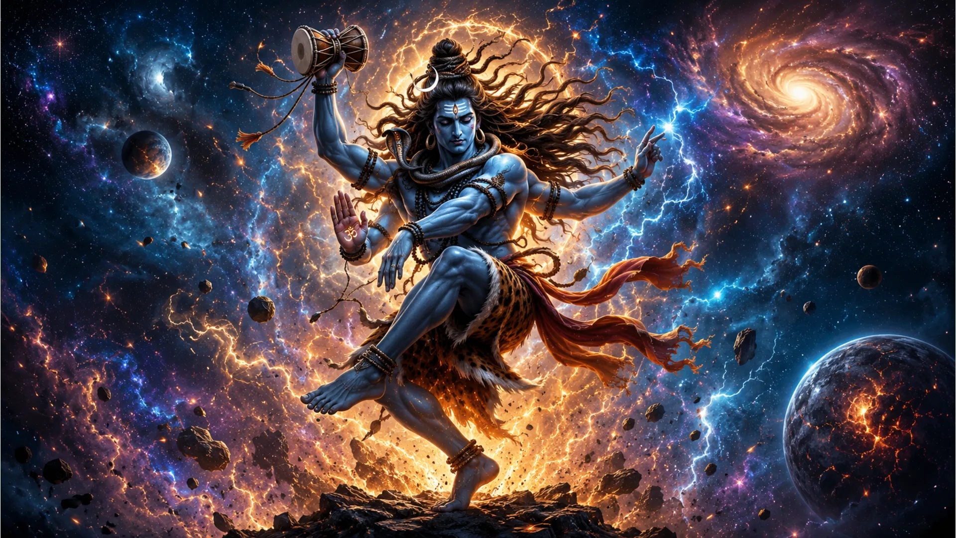 Lord Shiva performing the divine Rudra Tandava dance with cosmic energy.