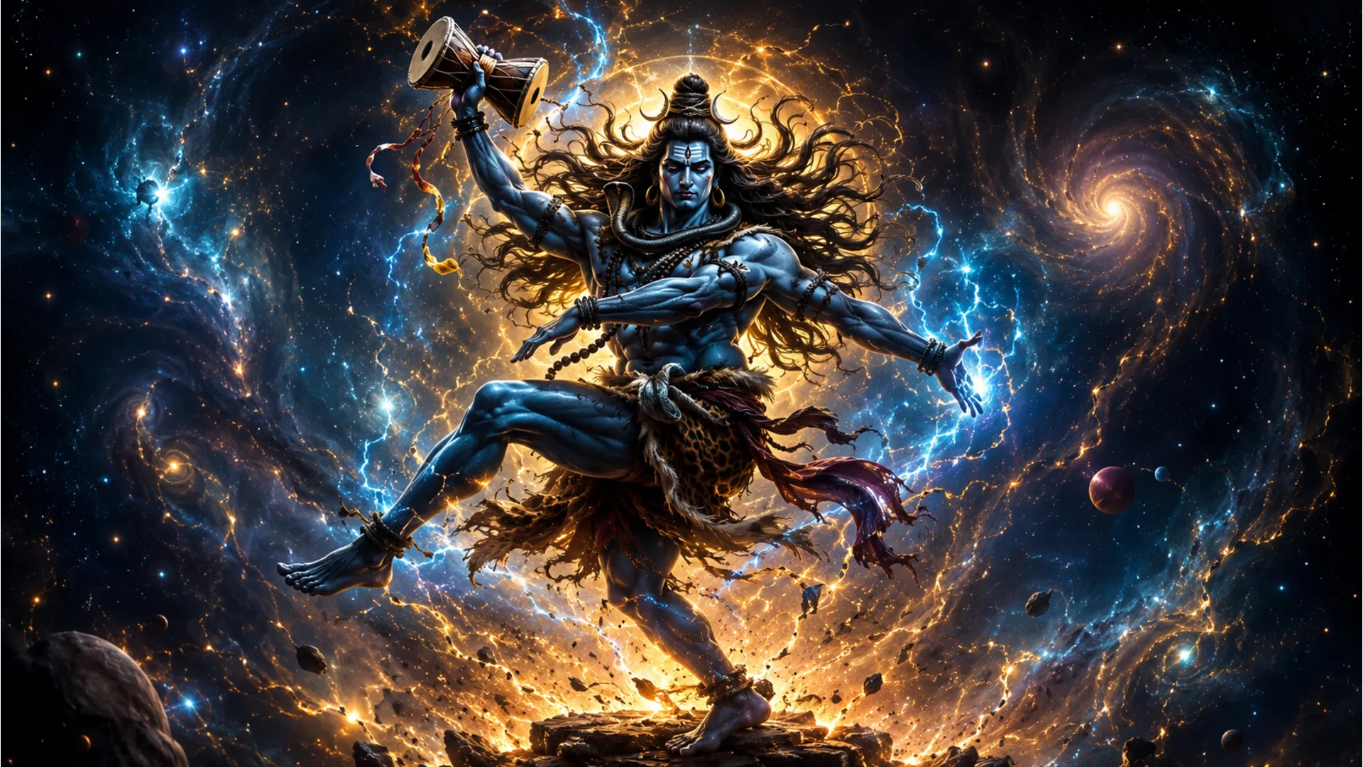 Lord Shiva performing the divine Rudra Tandava dance with cosmic energy.
