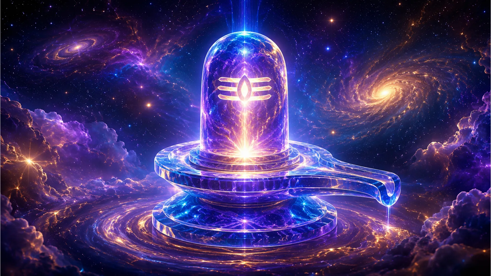 Modern abstract cosmic Shivling glowing with blue and purple neon energy.