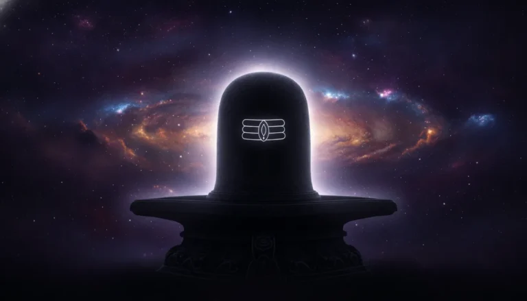 Silhouette of a large shivling against a colorful nebula galaxy sky backdrop.