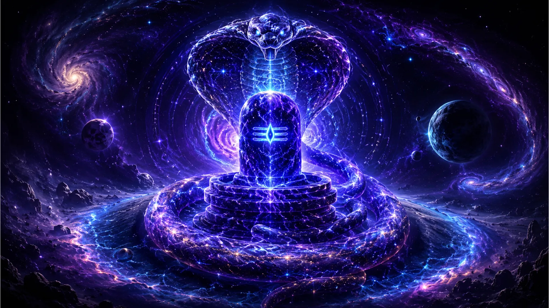A spiritual abstract cosmic artwork of Lord Shiva lingam with a snake made of galaxy stars