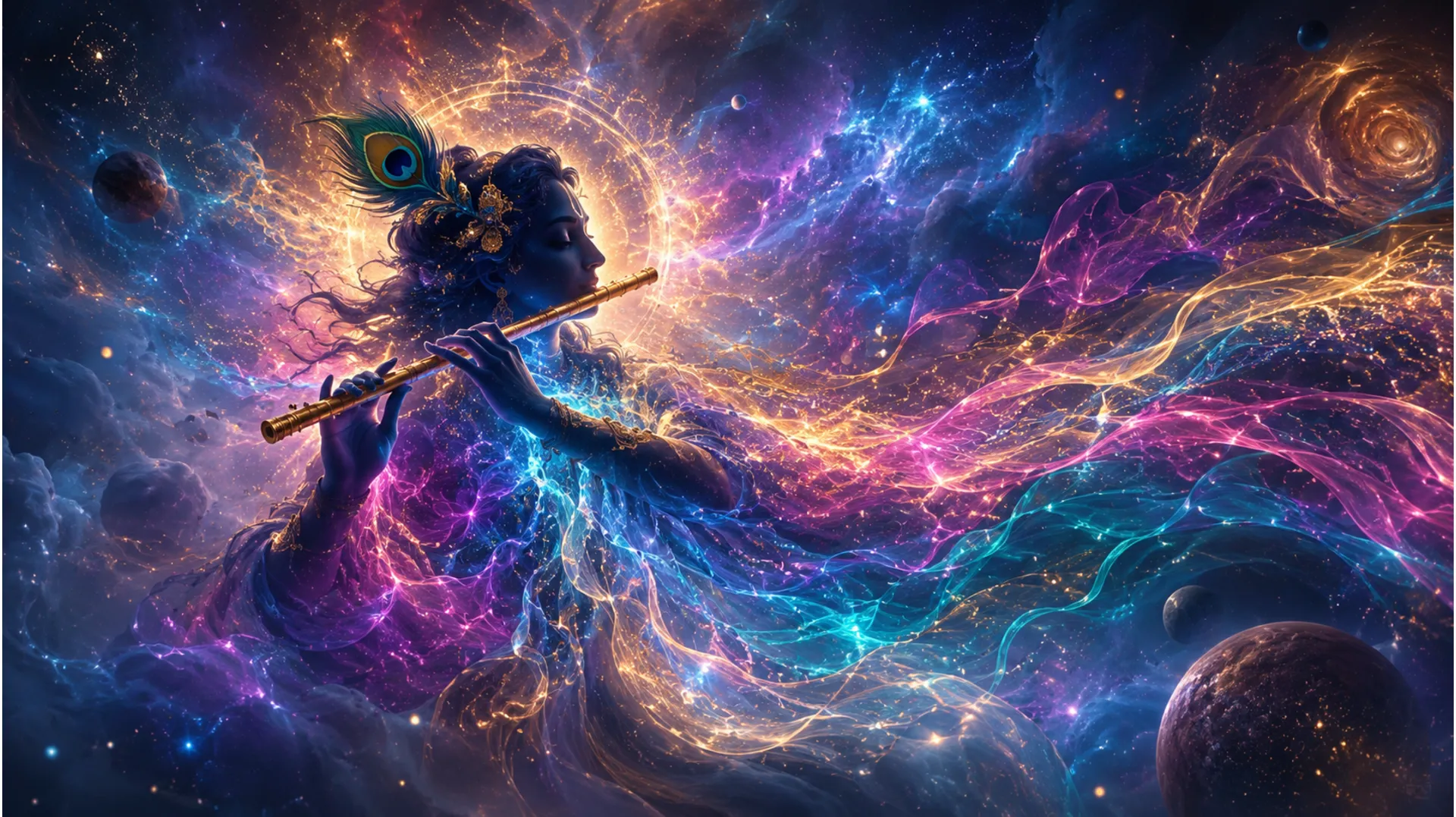 Abstract spiritual painting of a flute player blending into cosmic soundwaves and colorful smoke.