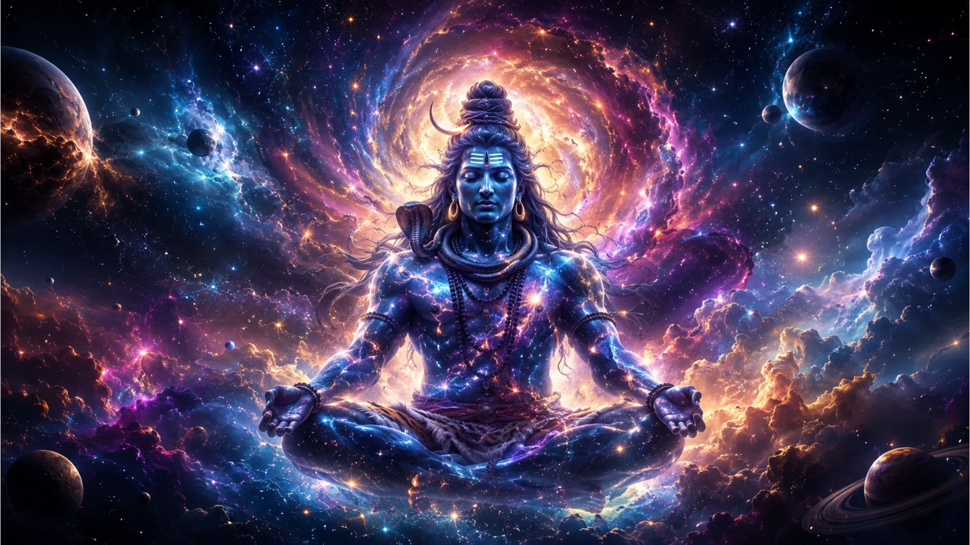 Lord Shiva sitting peacefully in deep space surrounded by glowing stars and galaxies