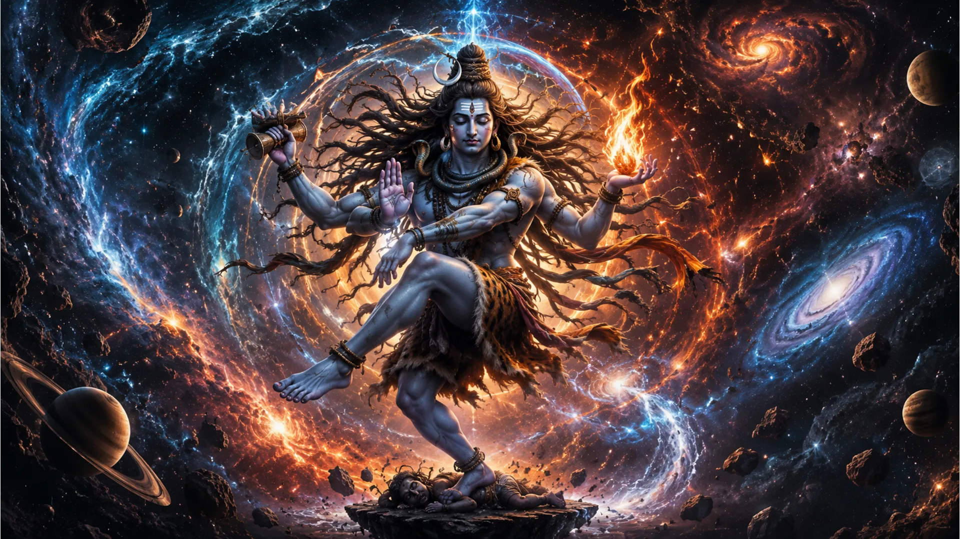 Powerful cosmic Tandava dance of Mahadev with fiery background and divine energy