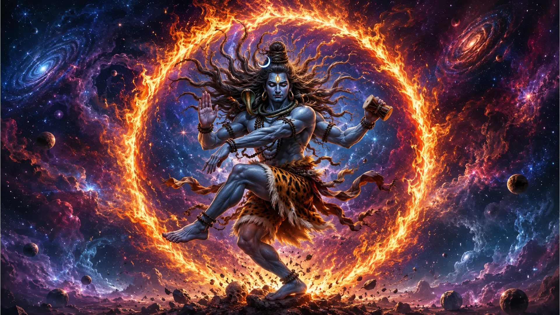Lord Shiva performing the energetic Cosmic Tandava dance in 1080p HD.