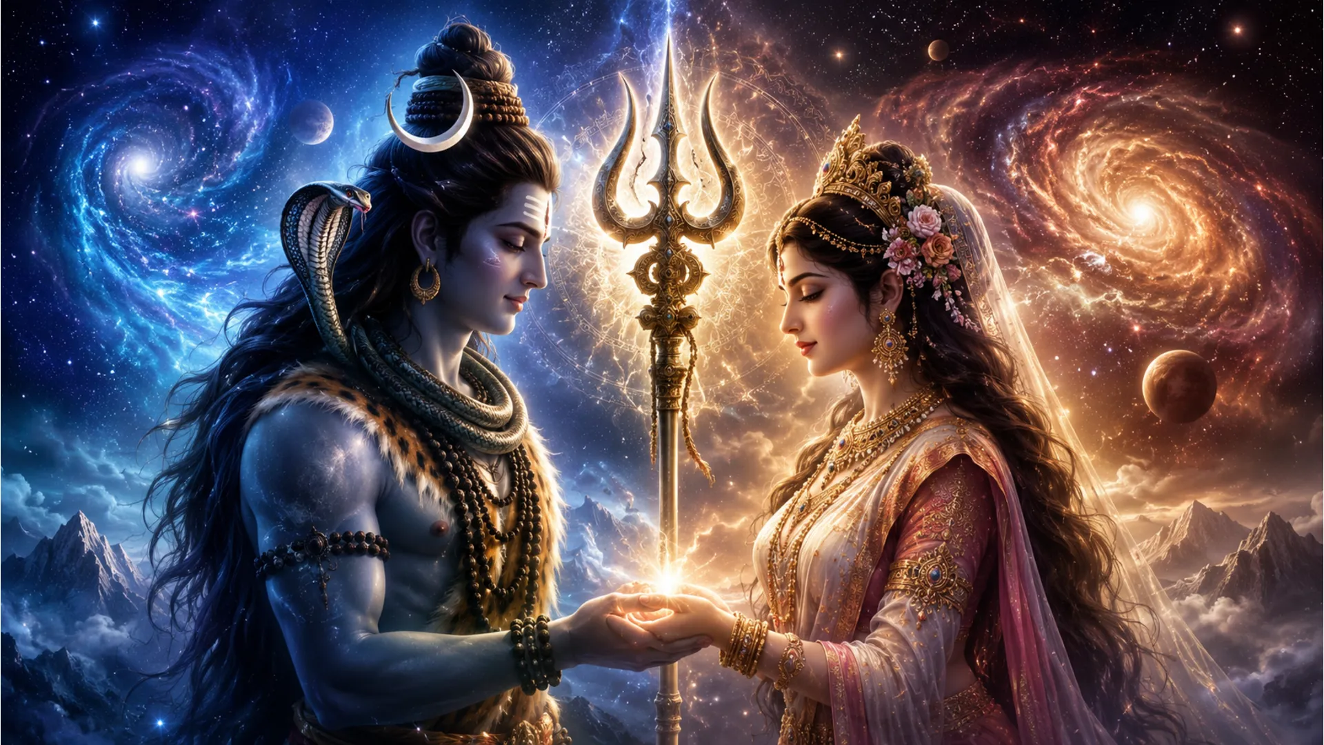 shiva shakti hands joined together cosmic universe background trishul symbol of power