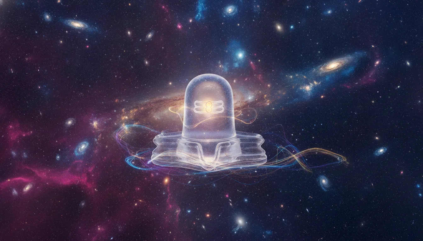 Spiritual Bahubali Shivling superimposed against a vibrant cosmic nebula and galaxy background.