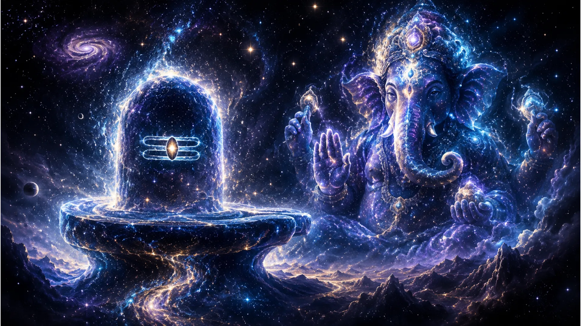 Cosmic universe background with a glowing nebula forming a Shivling and Ganesha silhouette