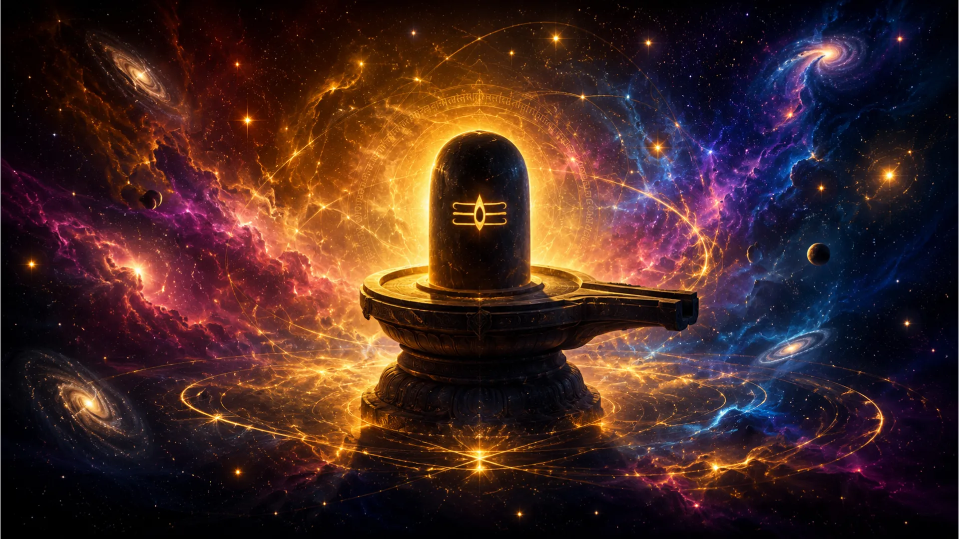 Cosmic Shivling silhouette against a deep space nebula background