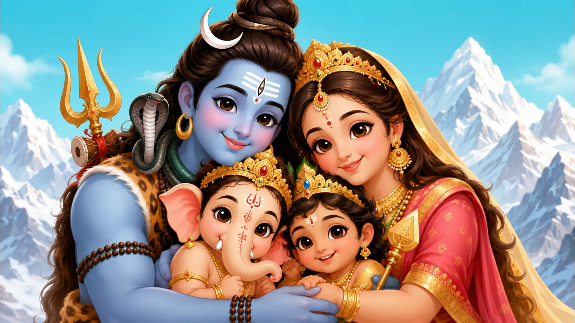 Sweet vector illustration of the Shiva Parvati family hugging each other warmly amidst snowy mountains.