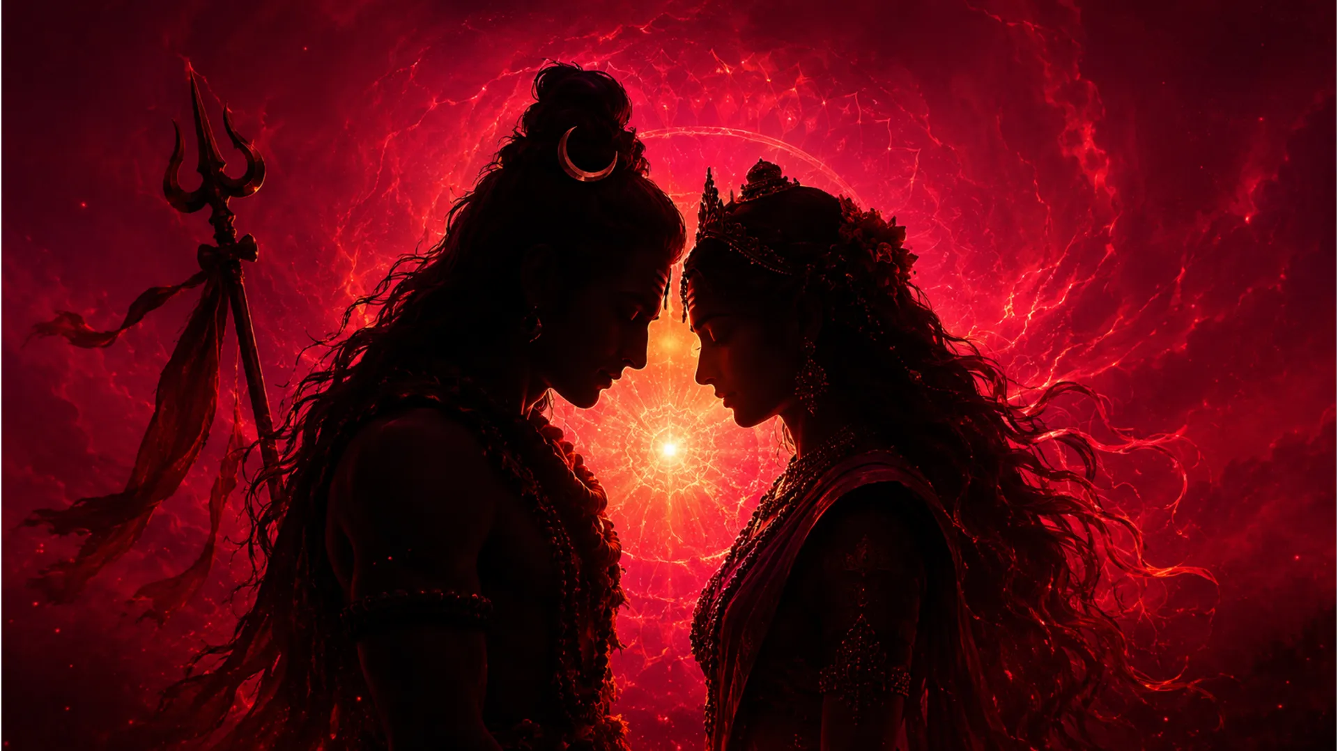 Silhouette of two sacred figures facing each other against a glowing crimson red background.