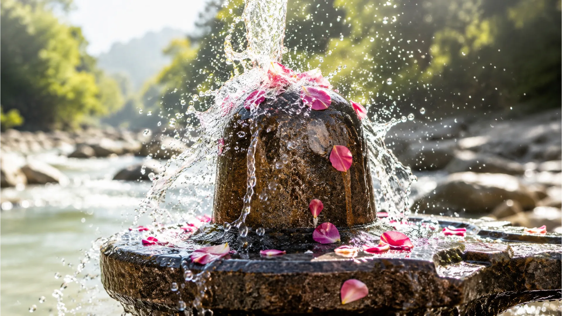 Crystal-clear holy water and fragrant pink rose petals falling over a wet stone Shivling.