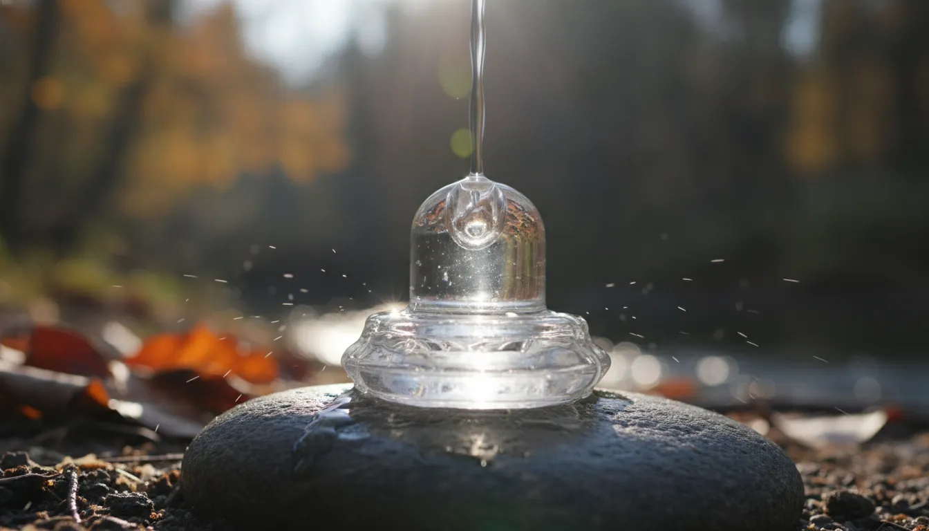 Clear transparent Sphatika crystal Shivling placed on a river stone under a pure water stream.