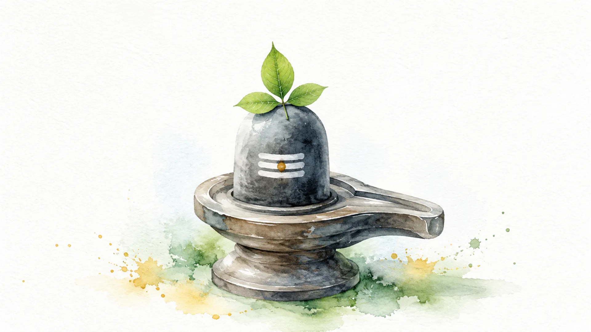 A simple, beautiful watercolor painting of a Shivling with soft pastel colors and green leaves.