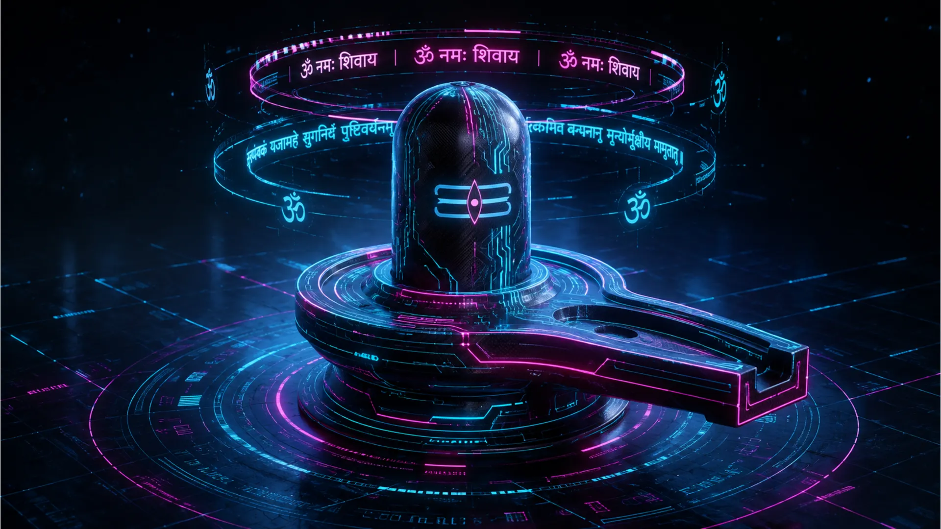 Sci-fi cyberpunk style 3D Shivling image with glowing circuits