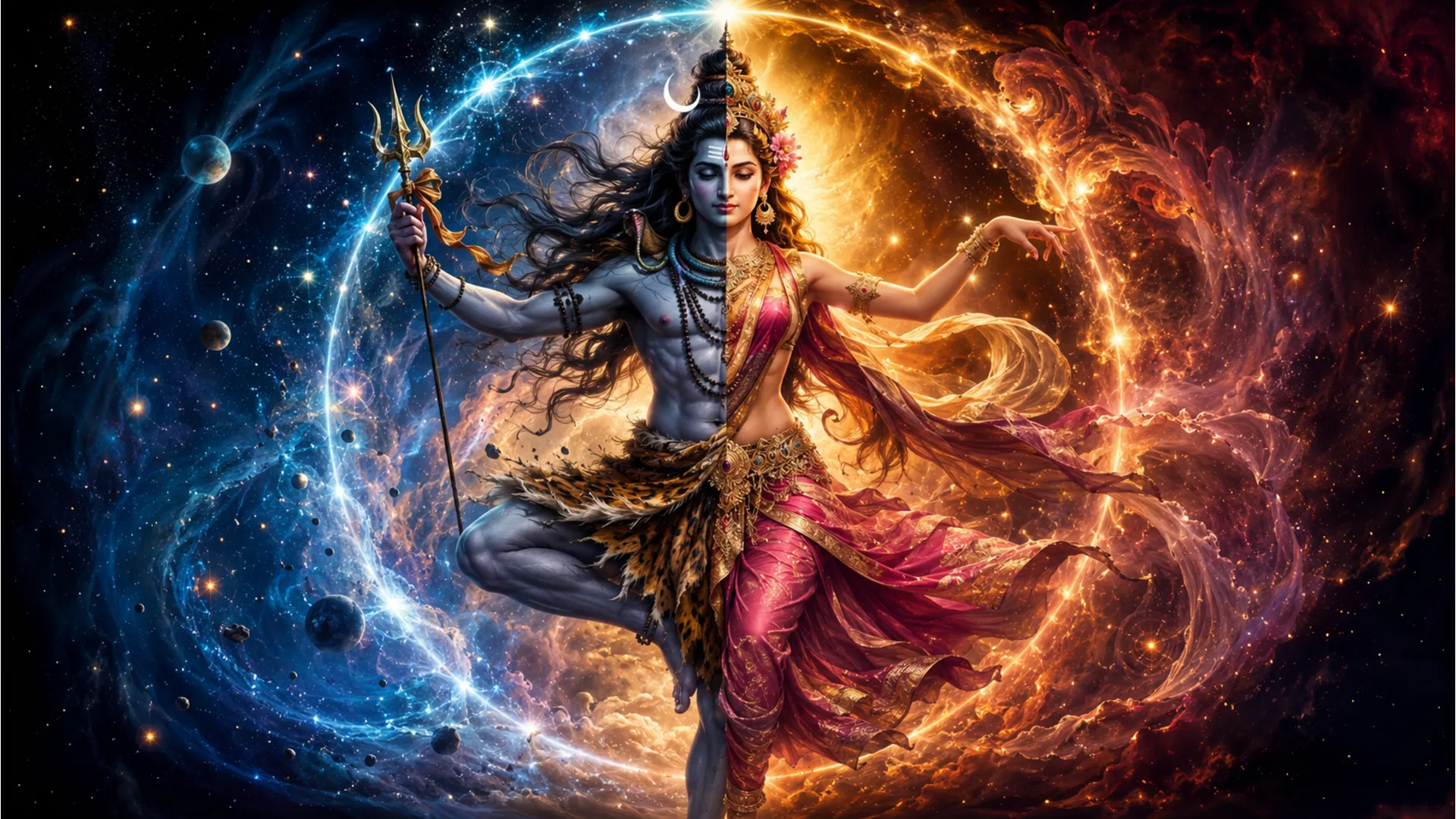 Dynamic pose of the half-male half-female deity surrounded by a swirling ring of cosmic energy.