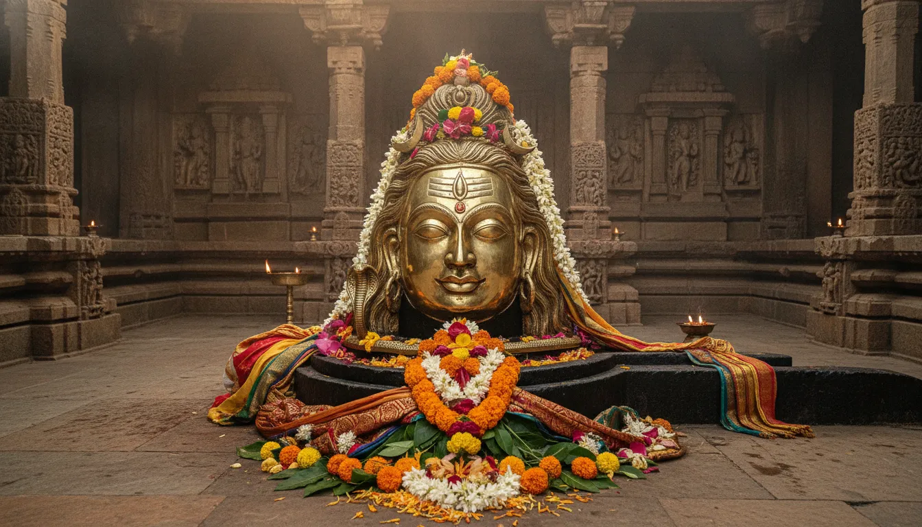 Authentic Jyotirlinga-inspired Shivling wearing an ornate golden brass face mask of Lord Shiva
