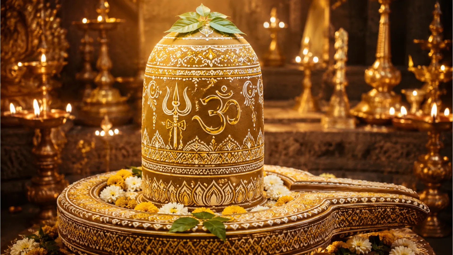 A stone Shivling intricately painted with white and yellow sandalwood paste artwork during a temple ritual