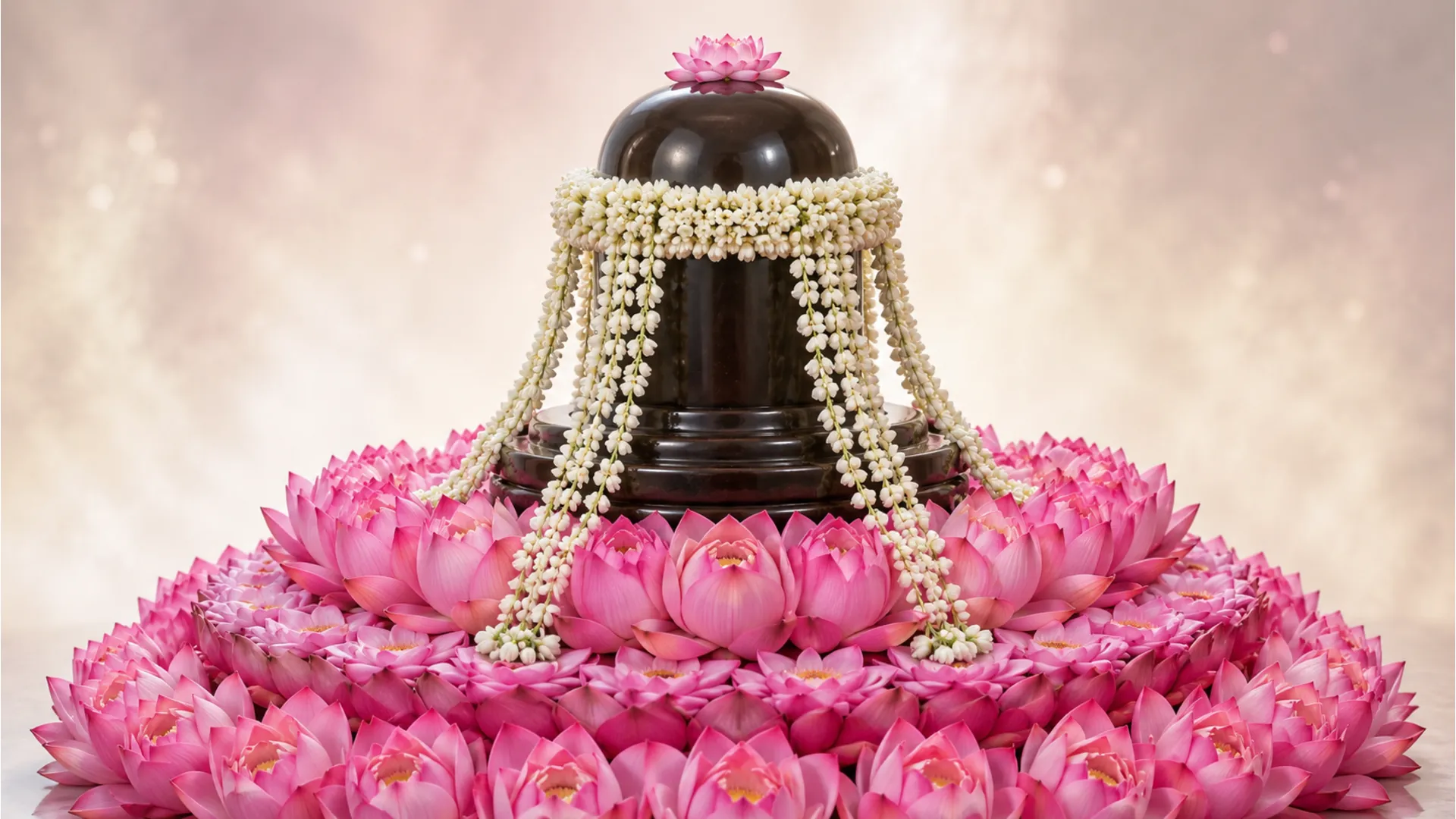 A dark stone Shivling centered inside a large pink lotus flower arrangement with white jasmine garlands