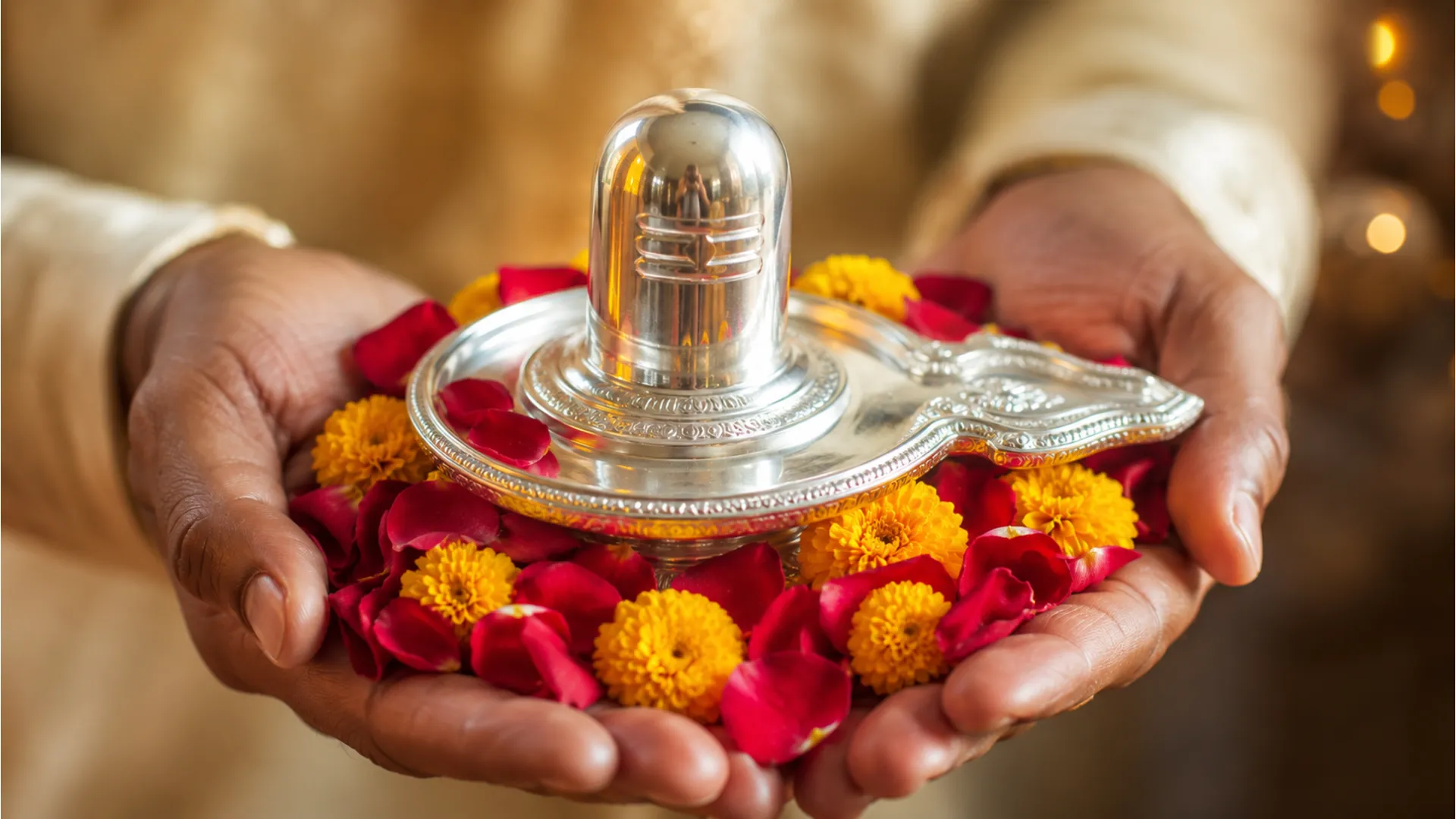 A shiny silver plated Shivling held in hands surrounded by red rose petals