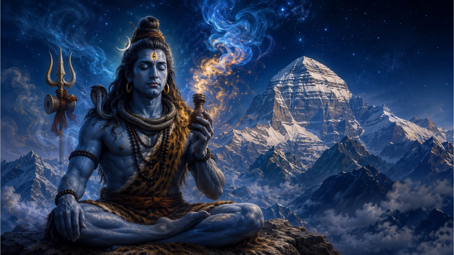 Har har mahadev ganja photo showing Lord Shiva in deep meditation with holy smoke.