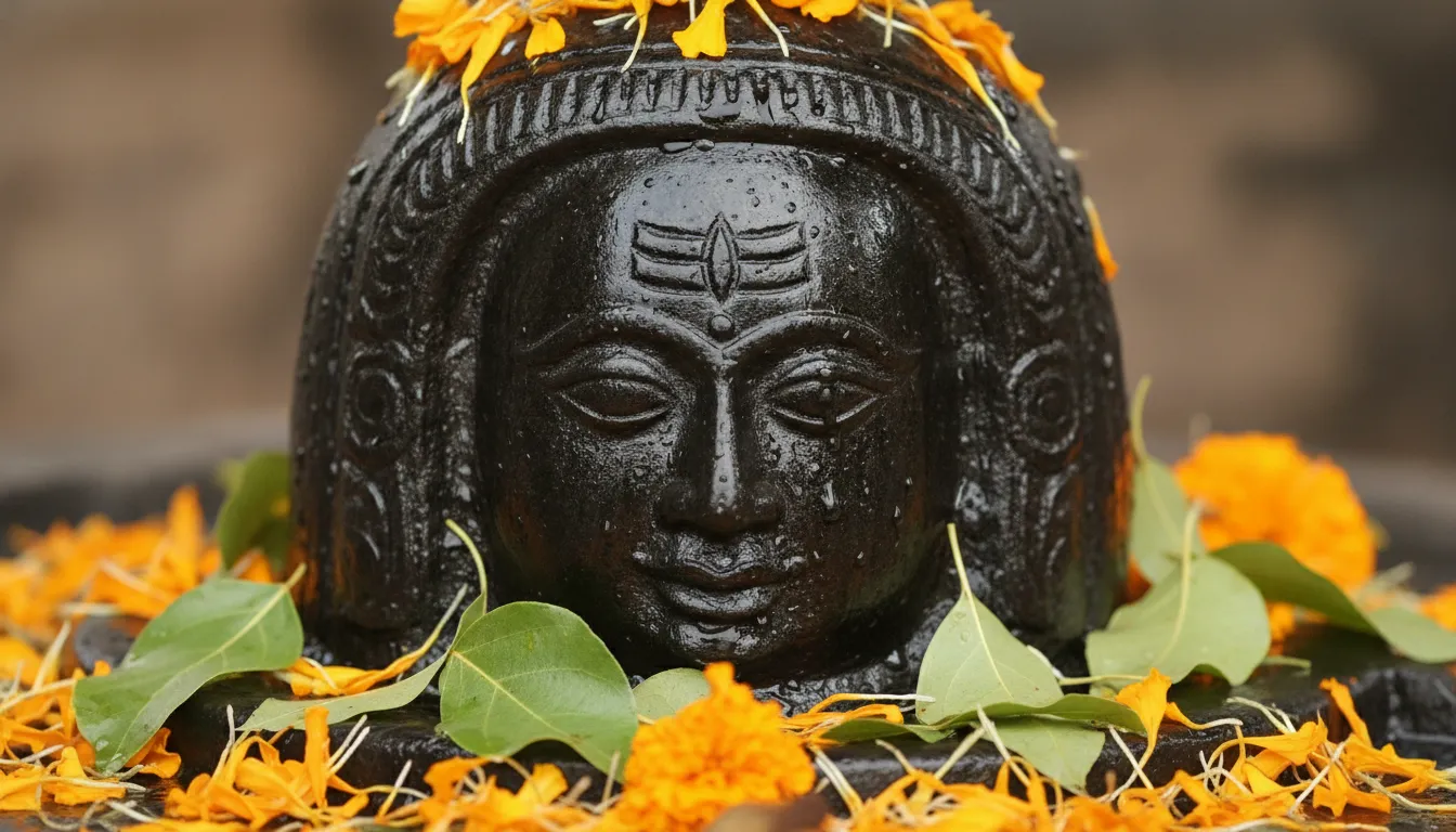 Detailed macro view and high-quality images of shivling at pashupatinath temple highlighting traditional carvings and floral offerings.