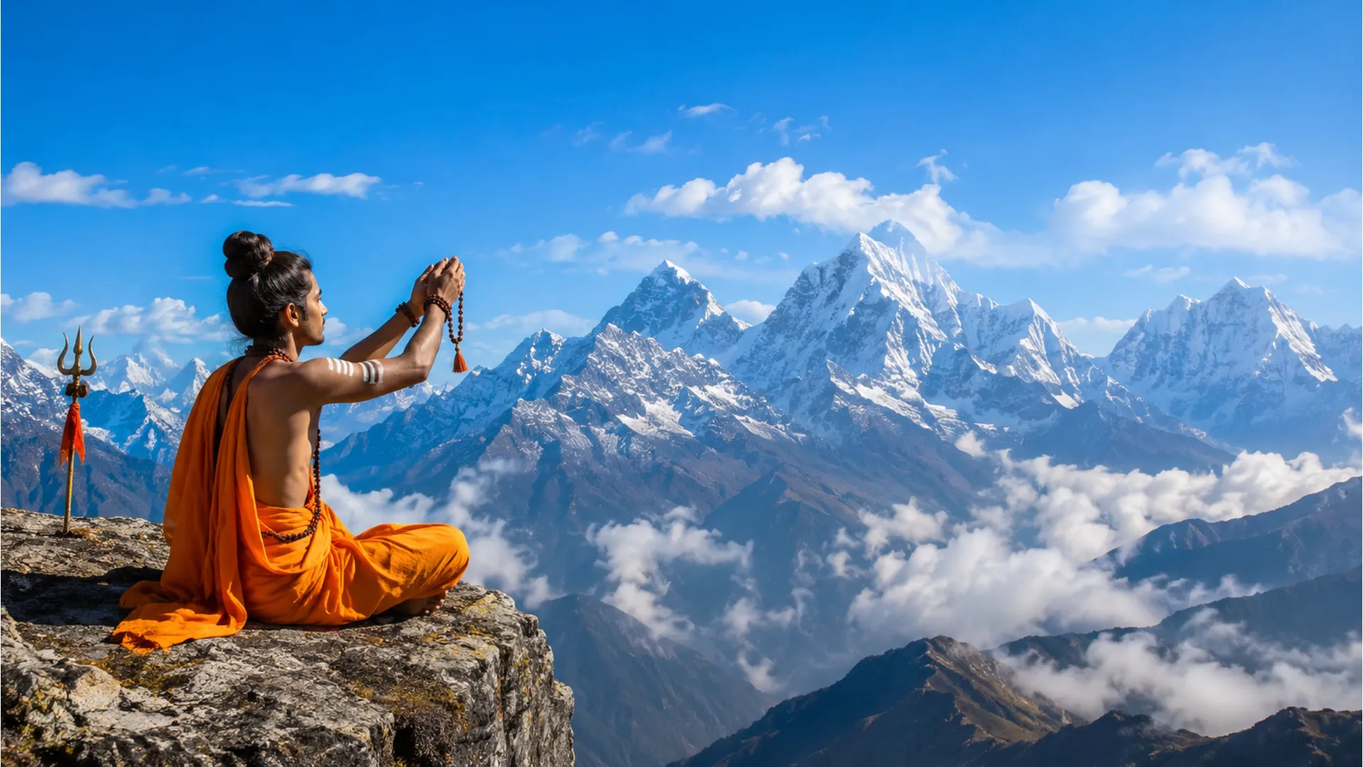 A devotee meditating and chanting Har Har Mahadev in mountains