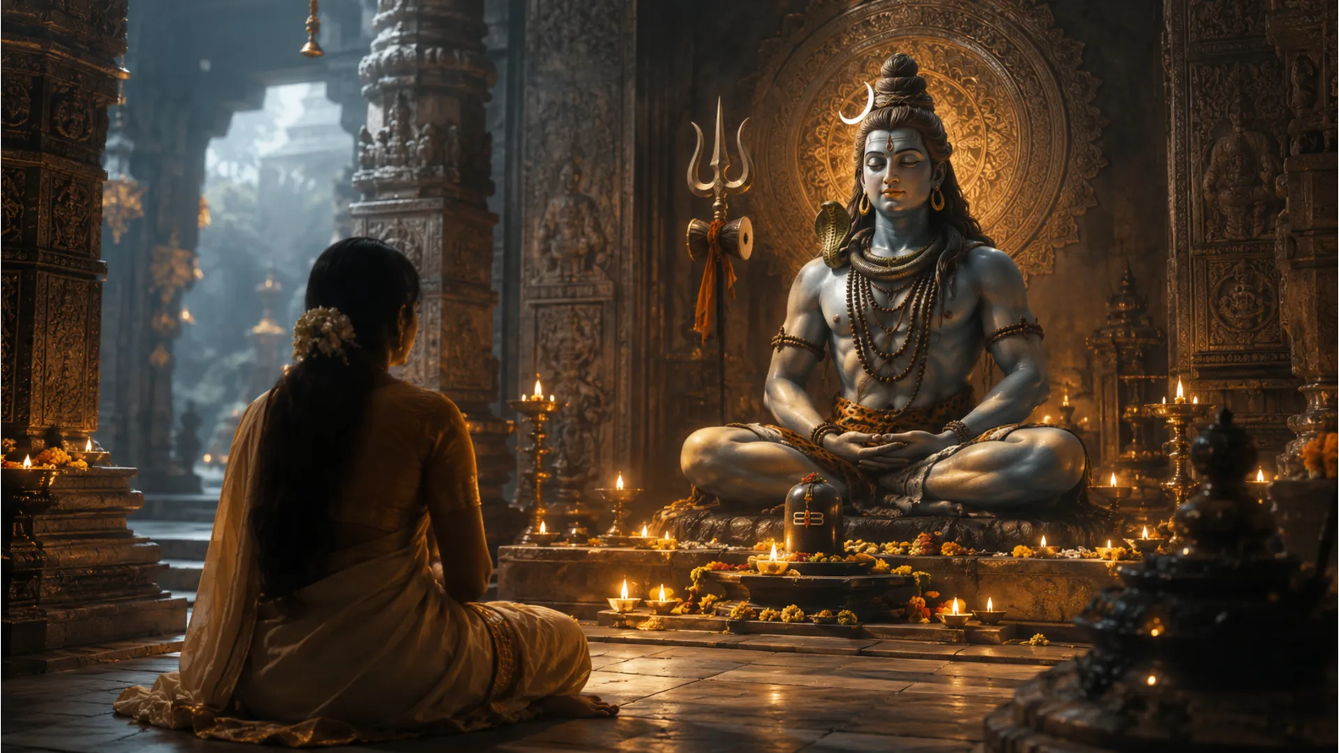 Woman praying in front of Lord Shiva seated in meditation inside a temple