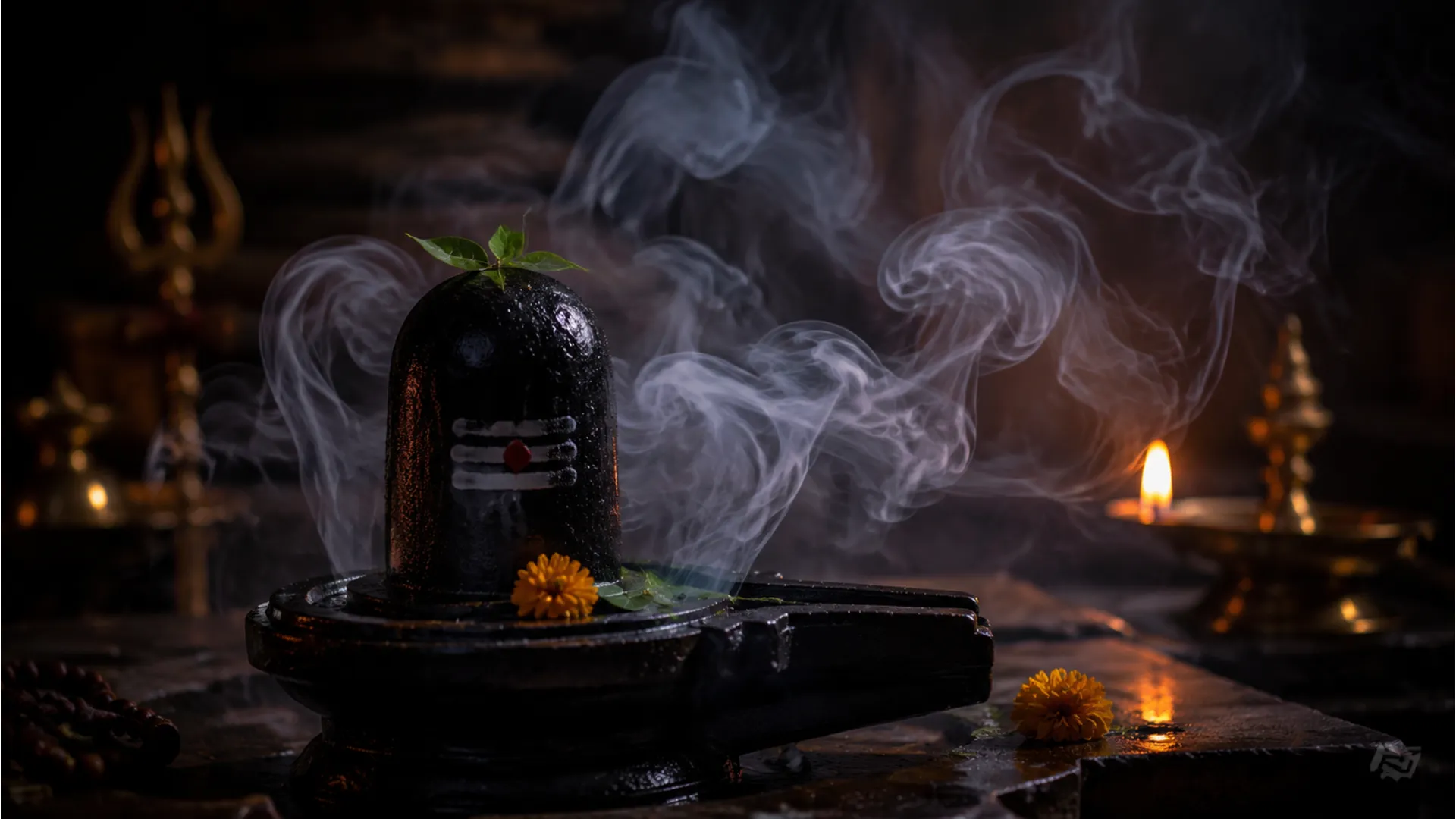 Swirling white incense smoke surrounding a sacred stone image shivling