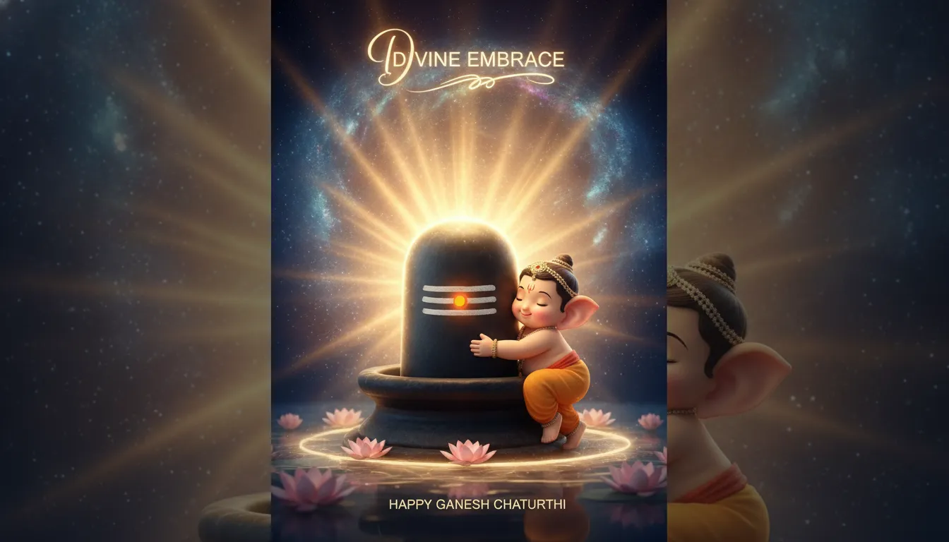 Digital painting of cute Bal Ganesha hugging a glowing white Shivling