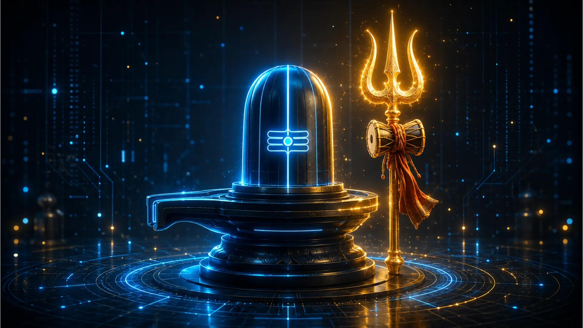 Modern digital art shivling images full hd featuring neon blue lights and a glowing golden trishul.