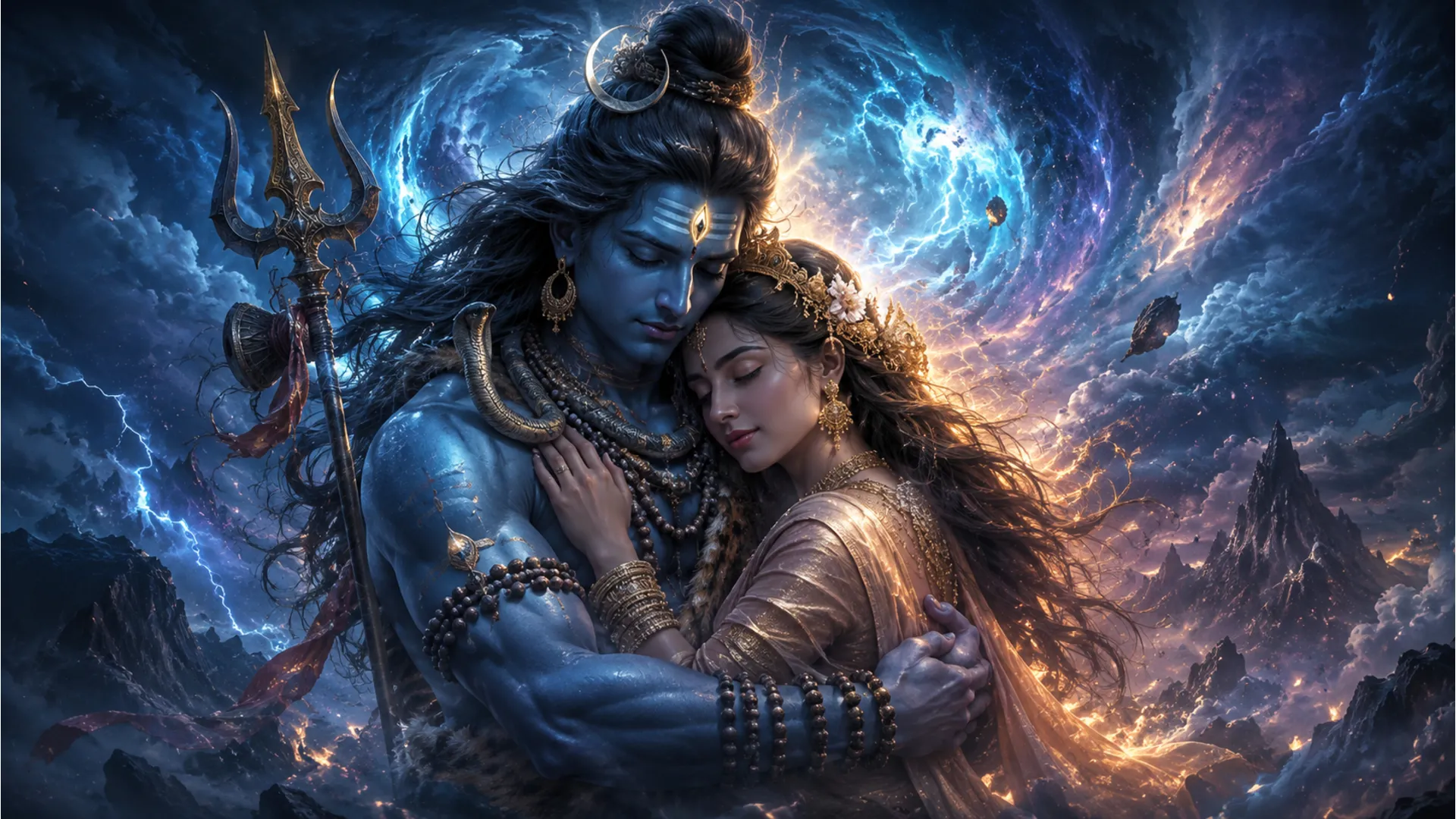 High-end fantasy digital art of Shiva with glowing third eye and Parvati embracing during a cosmic storm.