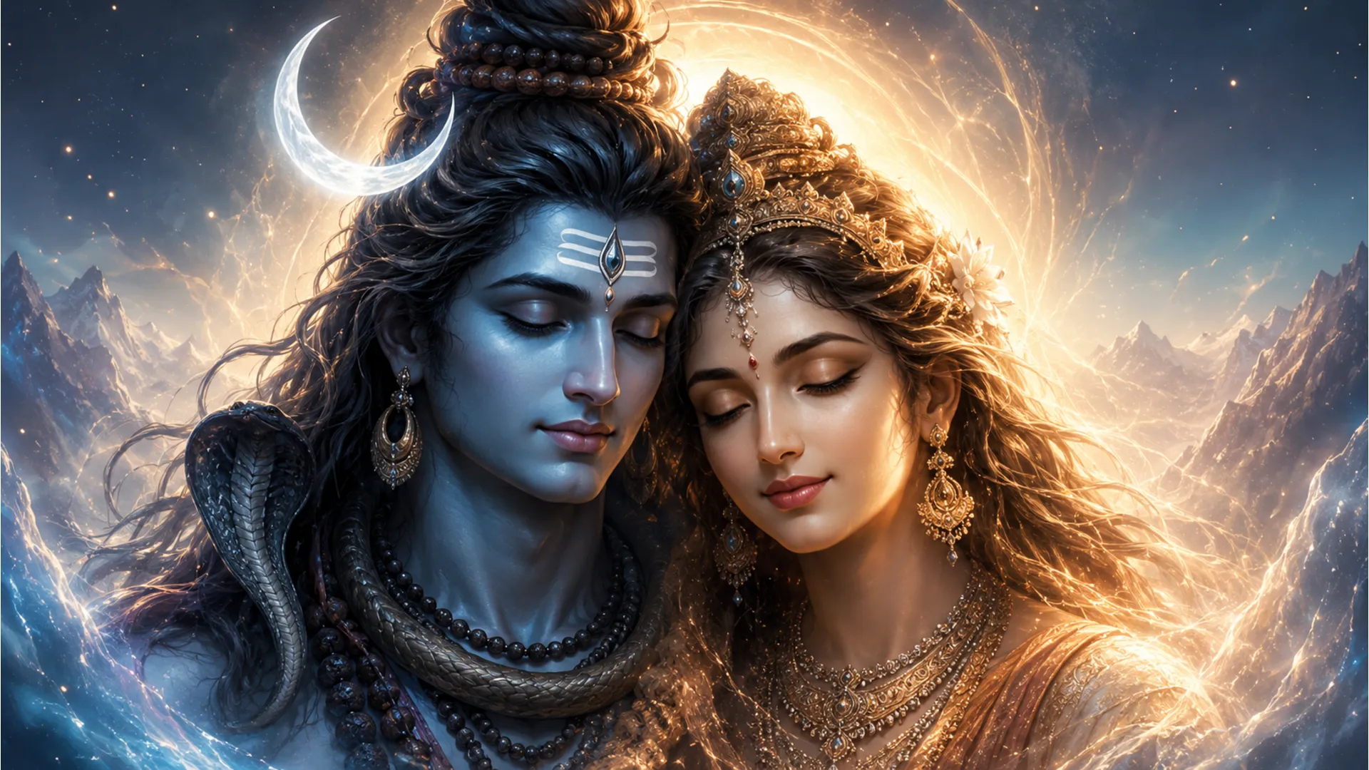 close up of shiva parvati meditating with divine glowing aura and moon