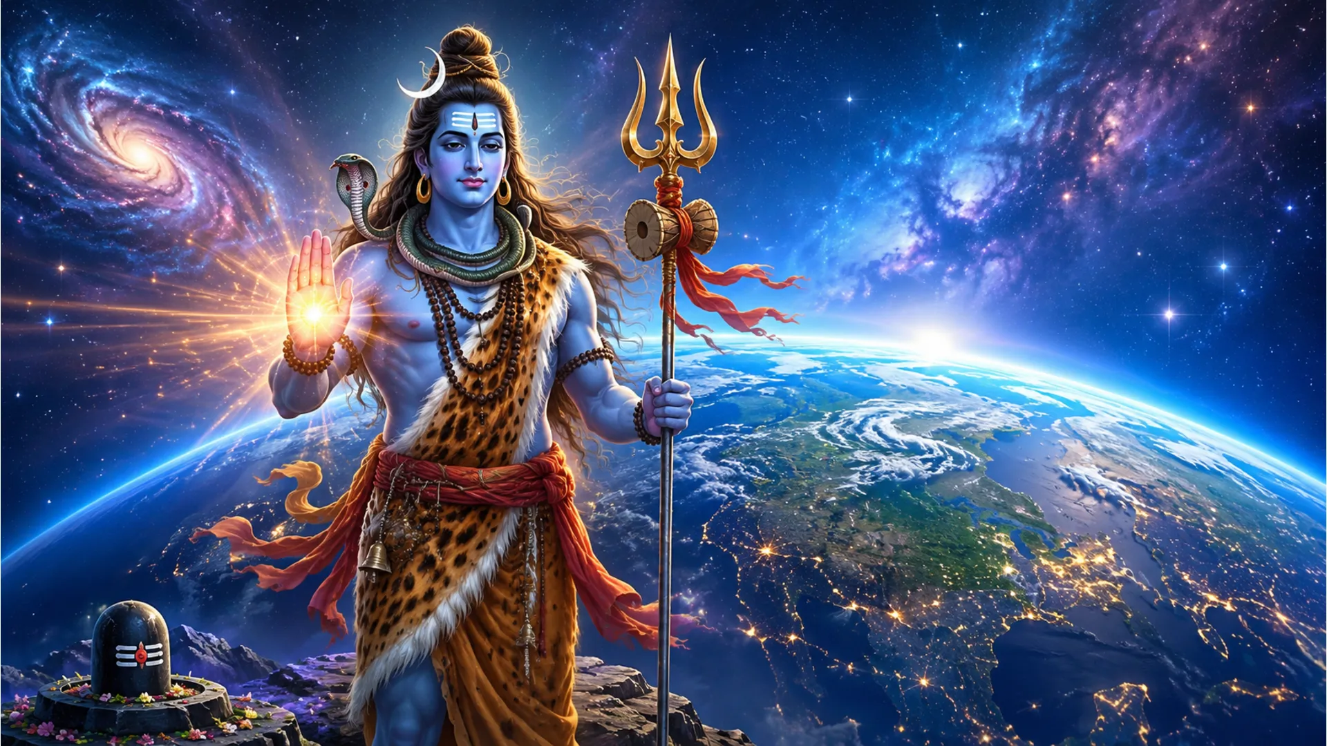 Lord Shiva lifting his hand in a blessing posture, 1080p high resolution.