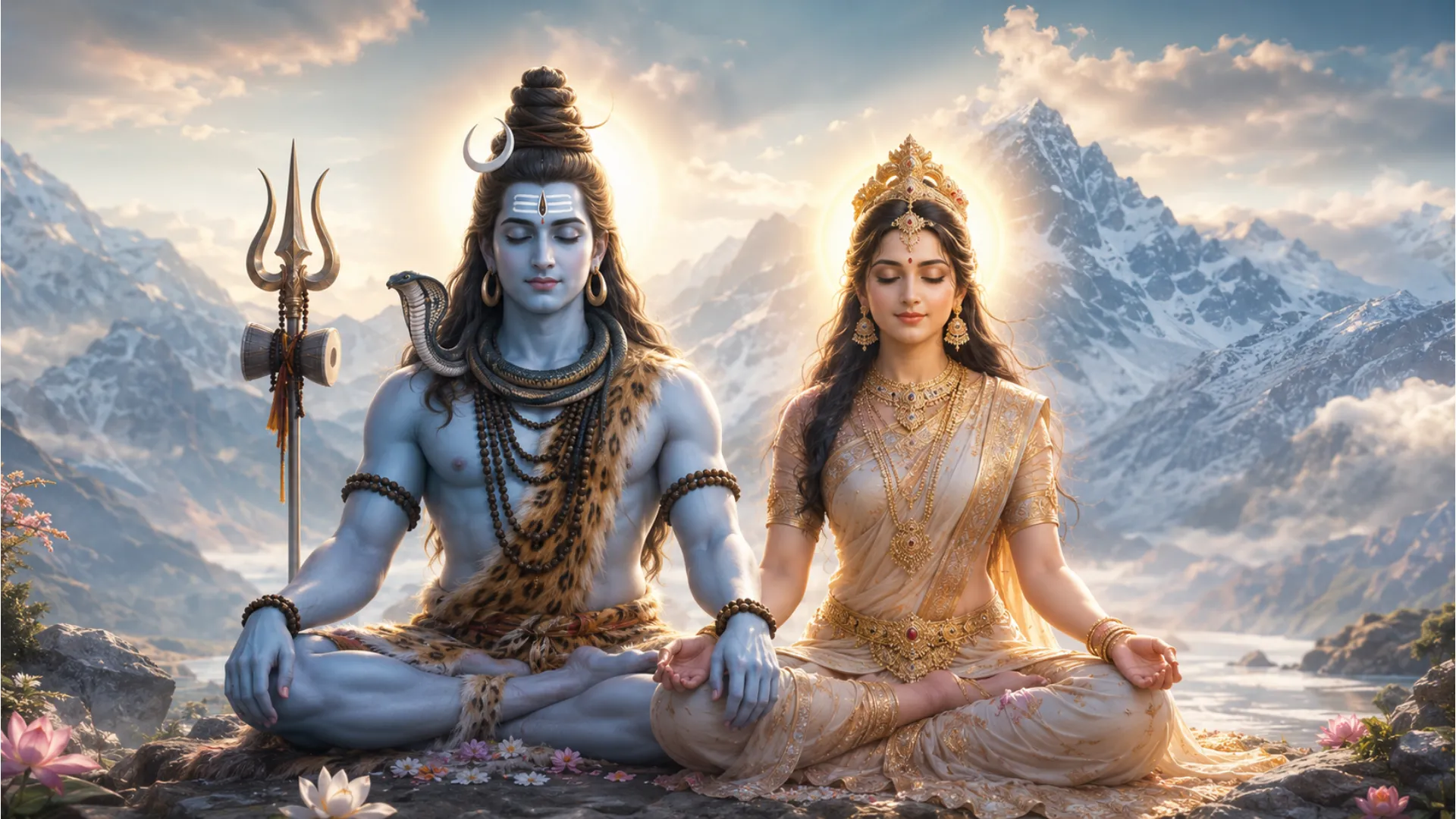 Meditative digital painting of Lord Shiva and Goddess Parvati in deep meditation with a glowing third eye aura.