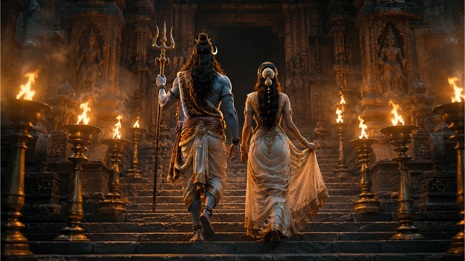 Blue-skinned deity and traditionally dressed woman walking toward a massive stone temple structure.