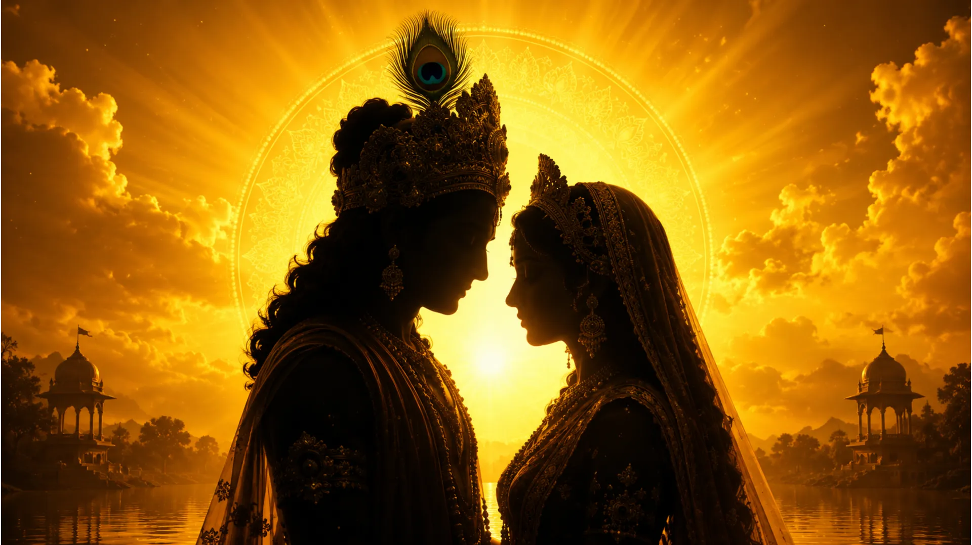 Silhouette of two divine spiritual figures facing each other with a glowing golden halo background.