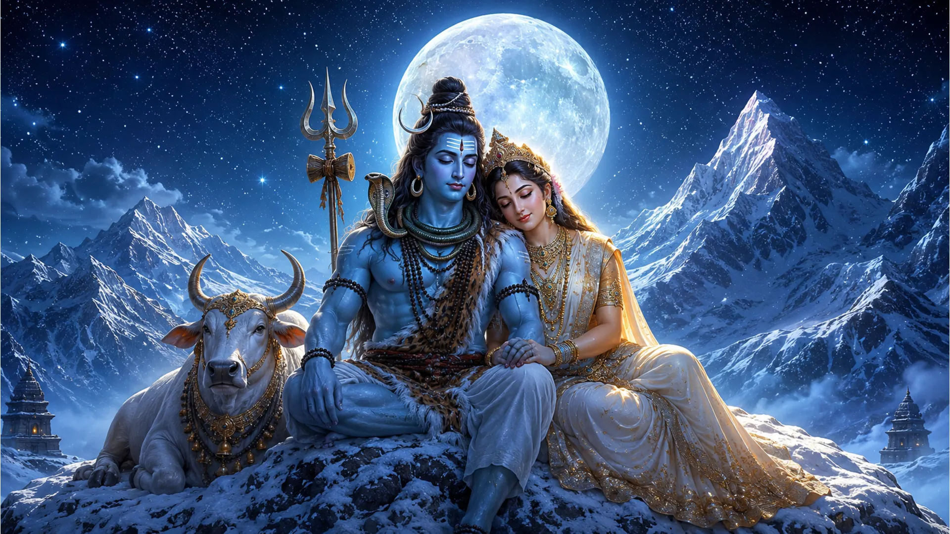 A glowing divine couple sitting on a snowy mountain with a bull beside them under a bright moon and starry sky.