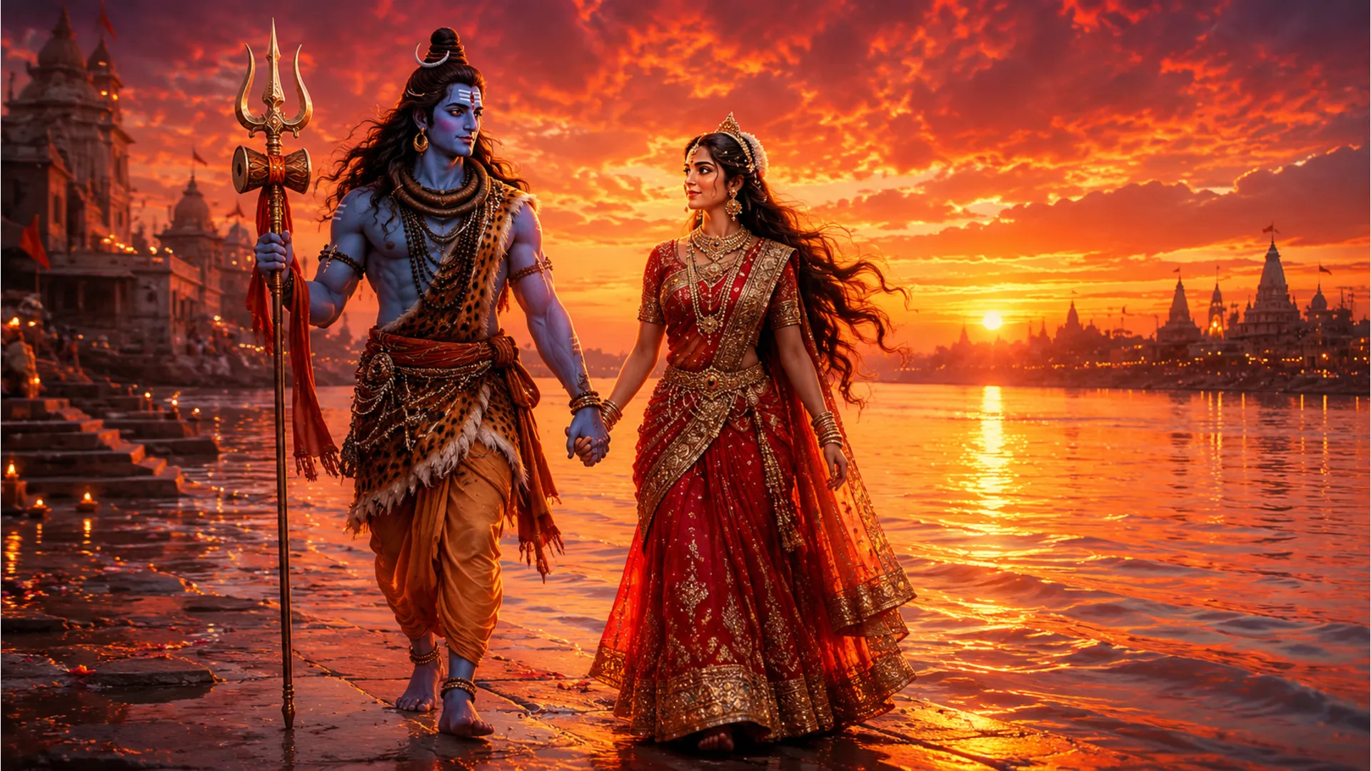 Divine couple walking hand in hand next to a glowing river during a dramatic orange sunset.
